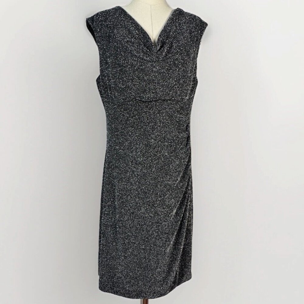 (L) LAUREN Ralph Lauren Bodycon Silver Metallic Zigzag Cowled Sleeveless Midi